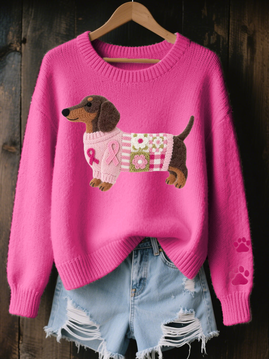 Dark pink knitted sweater with dachshund motif and paw-print patch on sleeve
