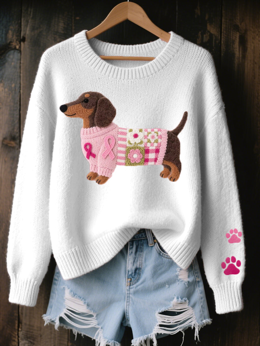 White knitted sweater with dachshund felt motif and paw-print detail on sleeve