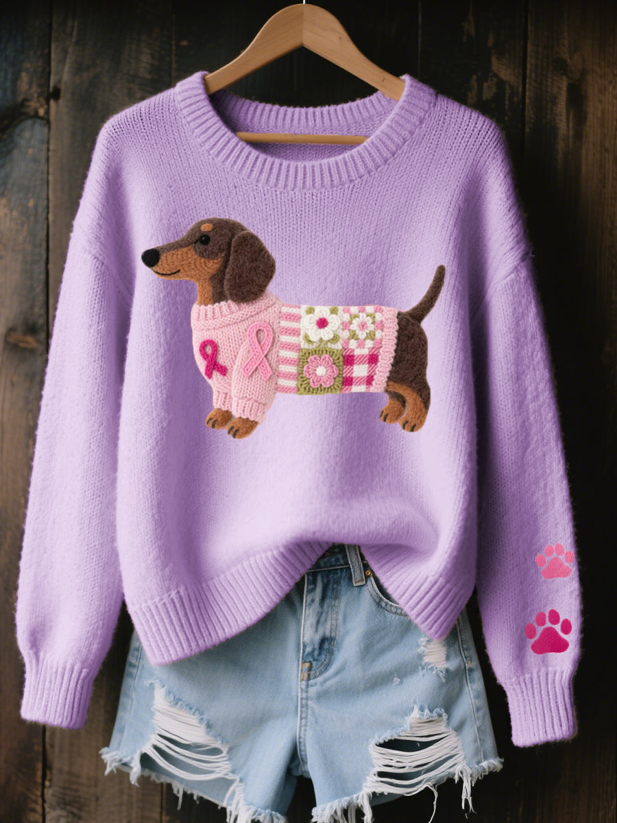 Purple knitted sweater with dachshund motif and paw-print patch on sleeve