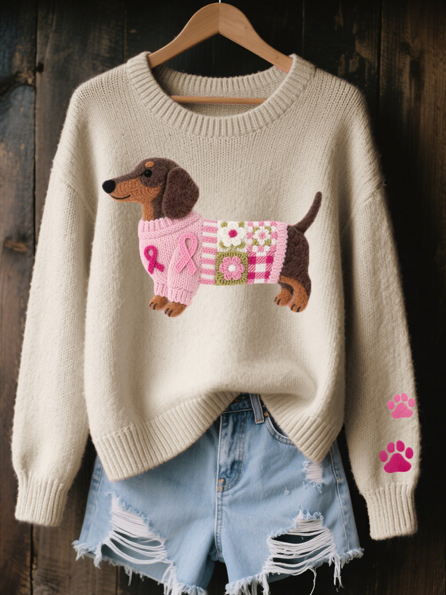 Beige knitted sweater with dachshund motif and paw-print patch on sleeve