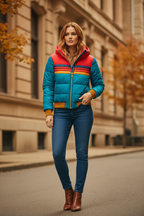 Oumani Stella waterproof rain jacket in teal with red/yellow/blue stripe panels and zip