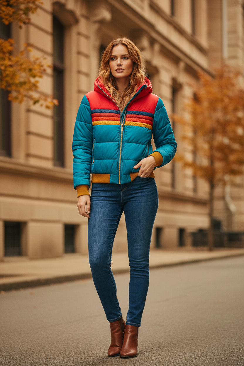 Oumani Stella waterproof rain jacket in teal with red/yellow/blue stripe panels and zip