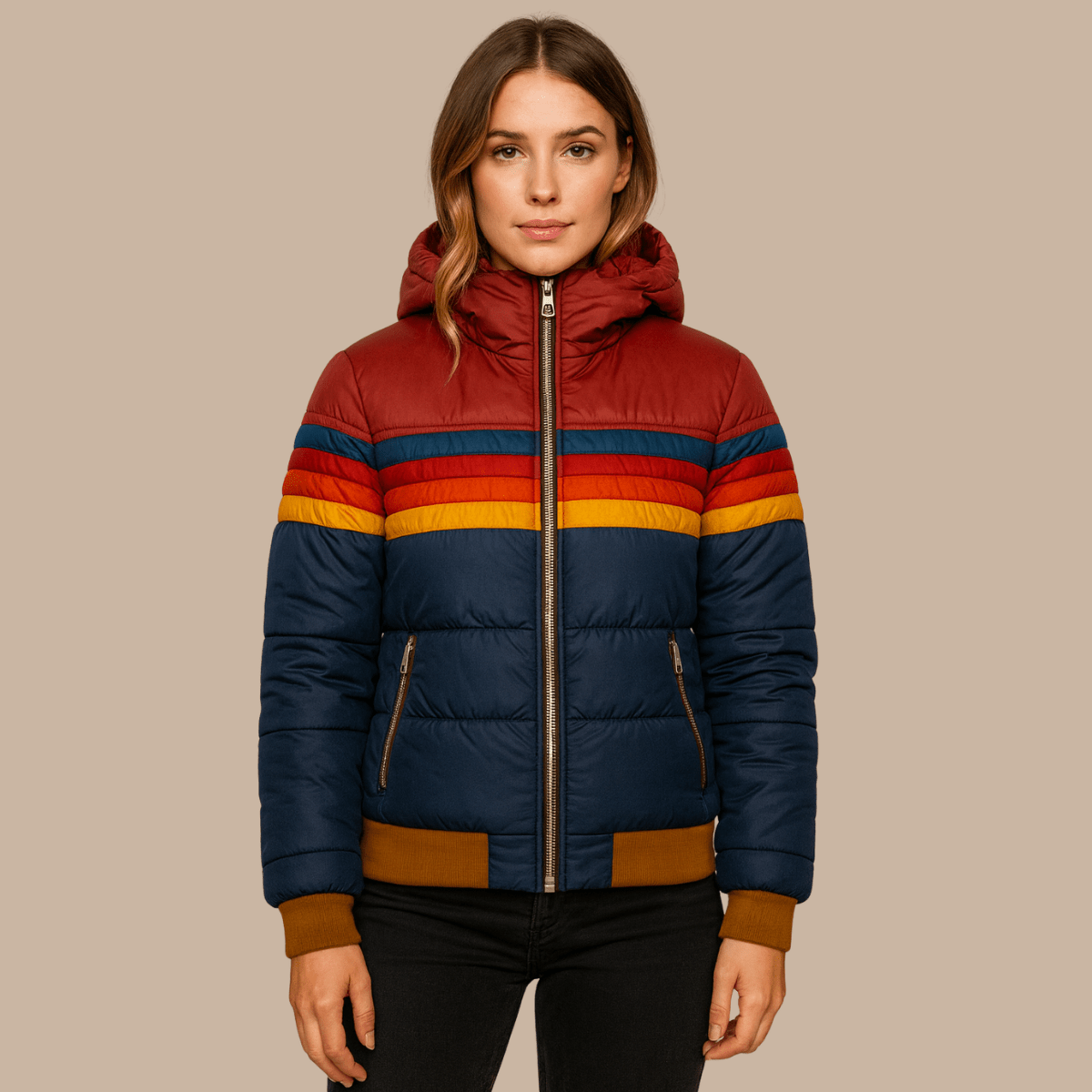 Oumani Stella waterproof rain jacket with navy body, maroon hood, and multicolor stripe trim
