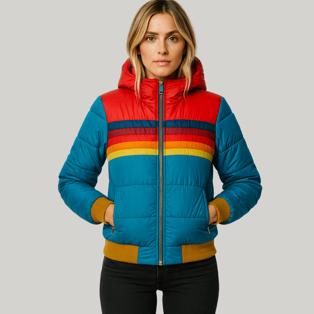 Oumani Stella waterproof rain jacket in teal with red hood and rainbow stripe trim