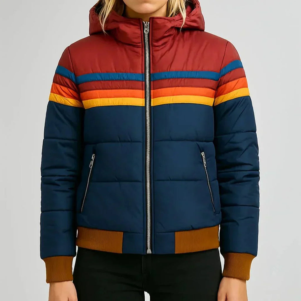 Oumani Stella waterproof rain jacket with navy body, maroon hood, and rainbow stripe zip