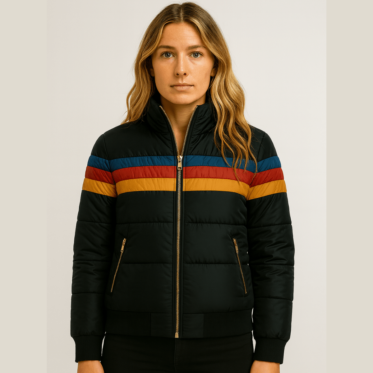 Oumani Stella waterproof rain jacket in black with multicolor stripe and front zip pockets
