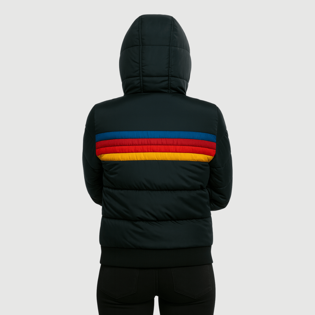 Oumani Stella waterproof rain jacket in black with multicolor stripe on back and hood