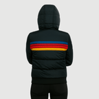 Oumani Stella waterproof rain jacket in black with multicolor stripe on back and hood