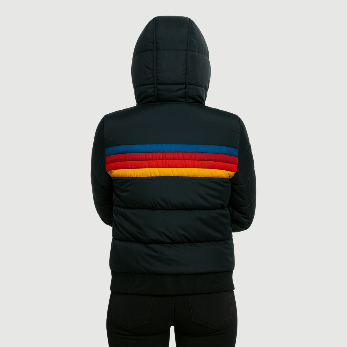 Oumani Stella waterproof rain jacket in black with multicolor stripe on back and hood