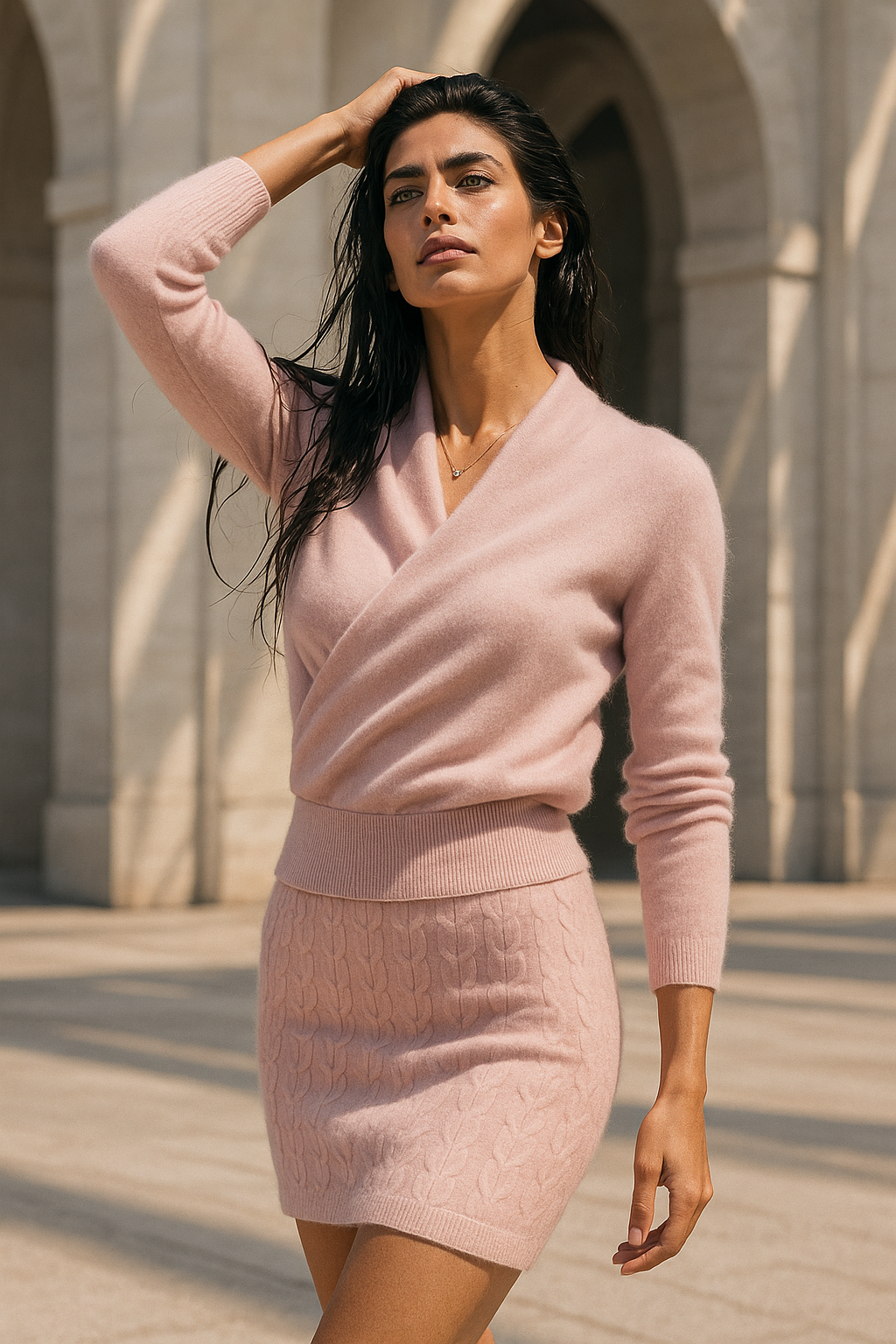 Women’s pink crossover collar knit sweater with long sleeves and ribbed hem