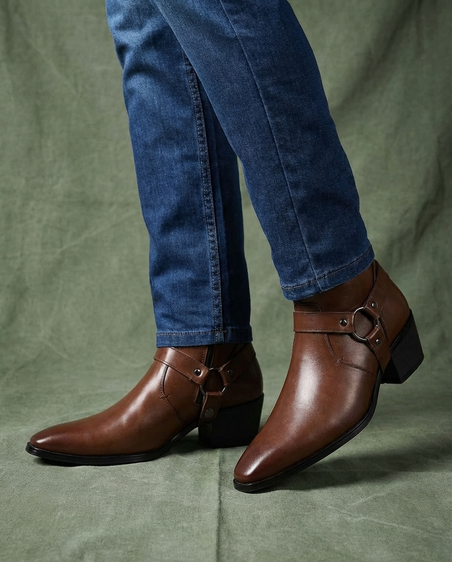 Brown leather ankle boots with buckle strap and square block heel.