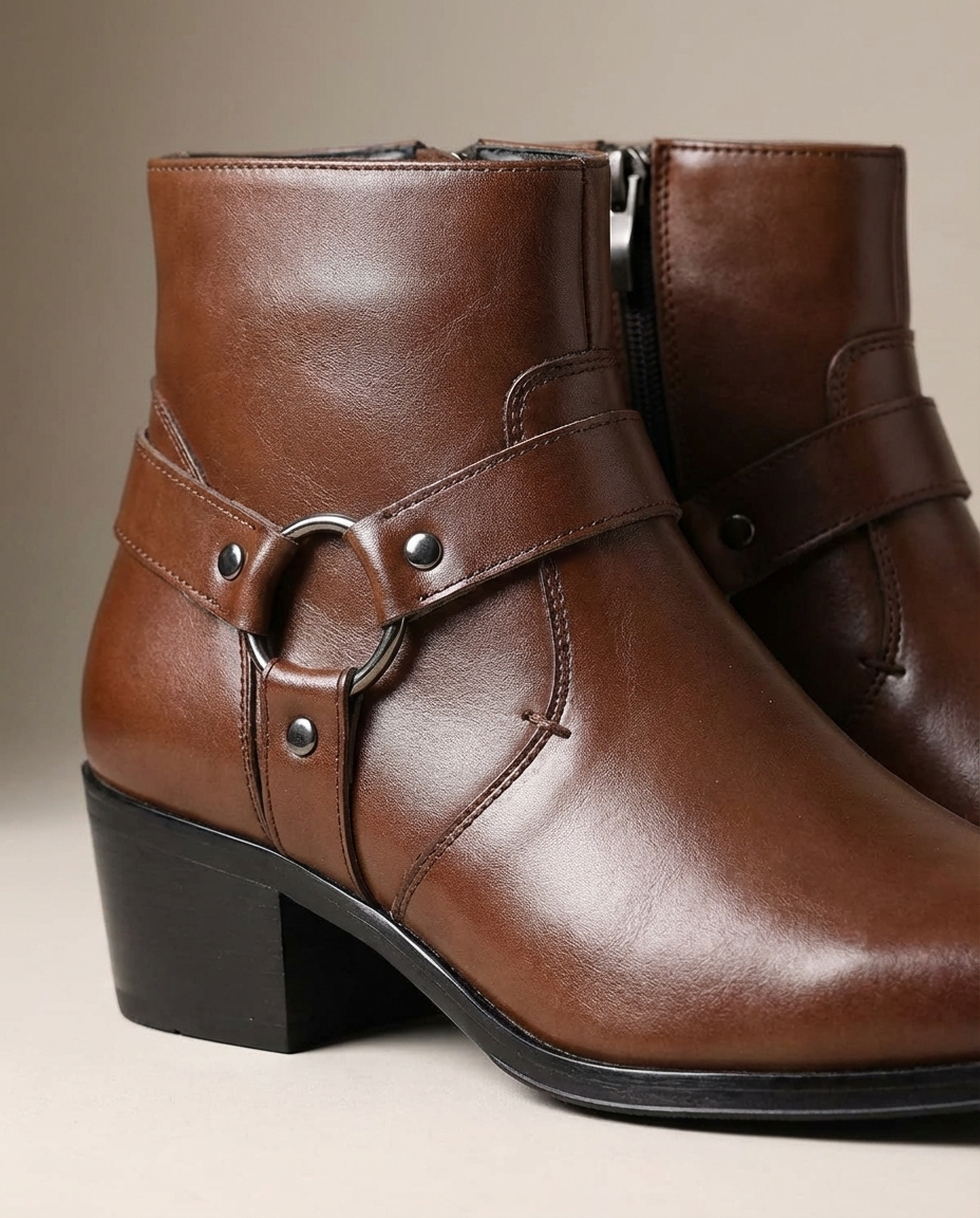 Brown leather ankle boots with side zipper, buckle strap, and block heel.
