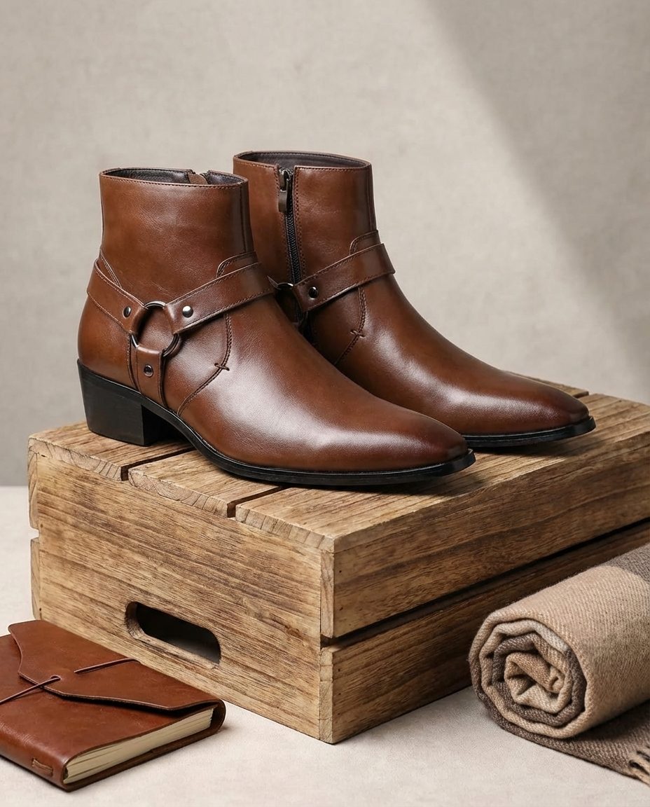 Dark brown leather ankle boots with buckle strap and block heel.