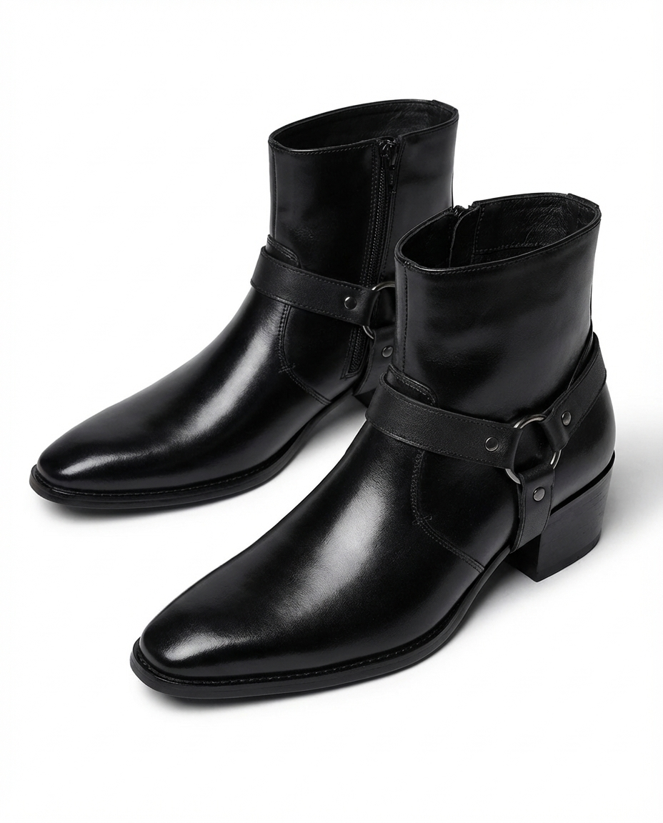 Black leather ankle boots with side zipper, buckle strap, and block heel.
