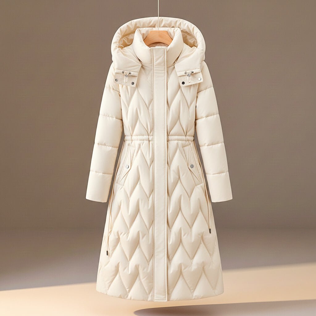 Pearl white long quilted hooded coat with front zip and snap pockets