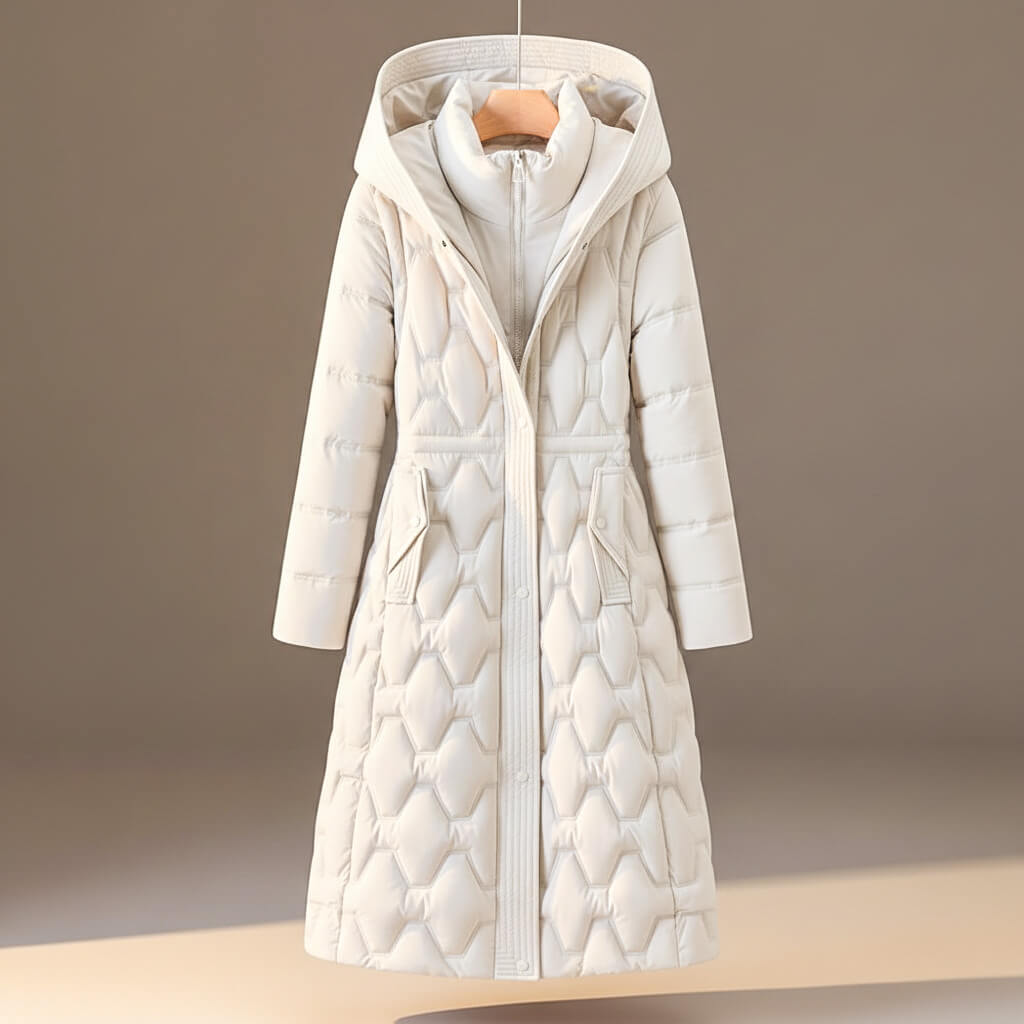 Quilted hooded coat in pearl white, diamond pattern, full-zip front, drawstring hood