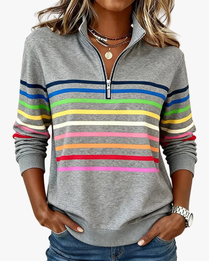 Women's knit quarter-zip pullover in heather gray with multicolor striped bands