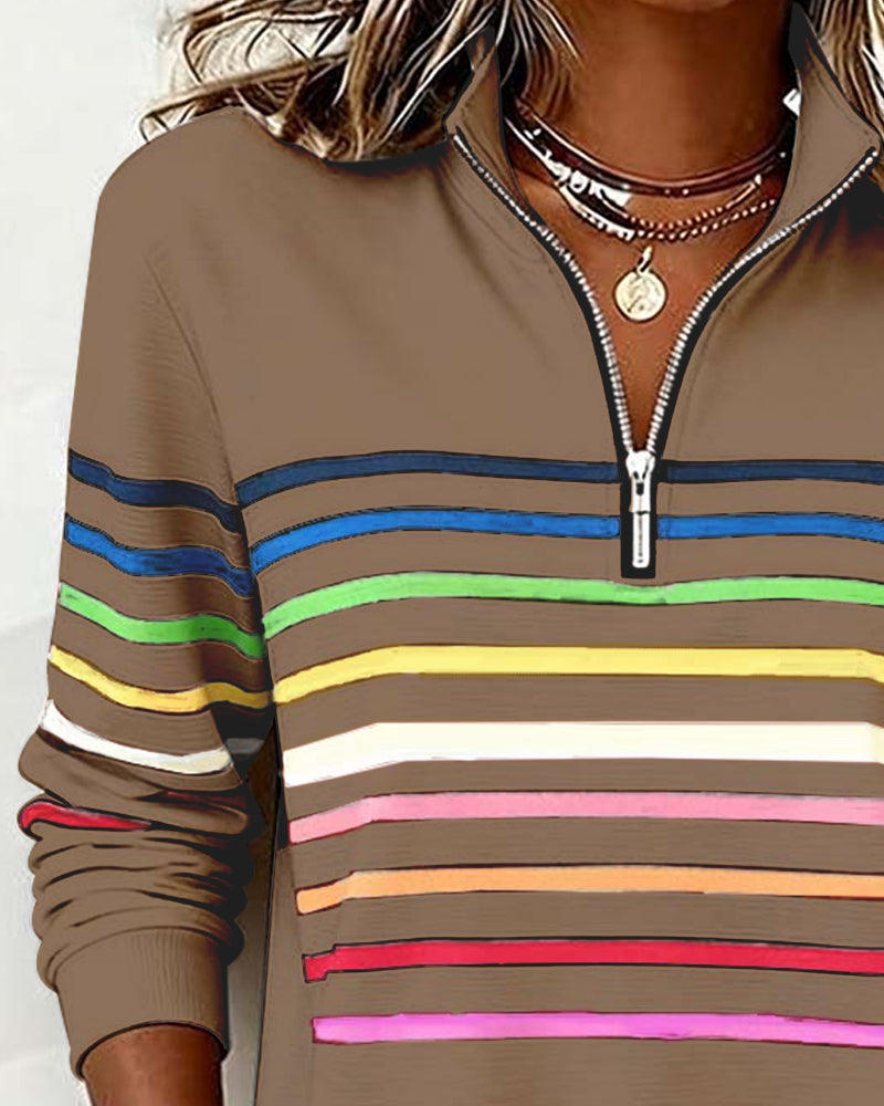 Women's knit quarter-zip pullover in taupe with multicolor striped bands