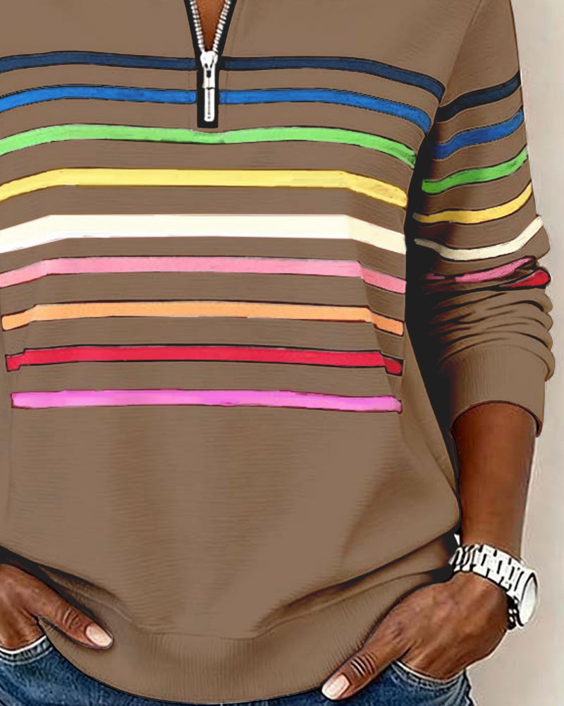 Women's taupe quarter-zip knit pullover with horizontal multicolor stripe bands