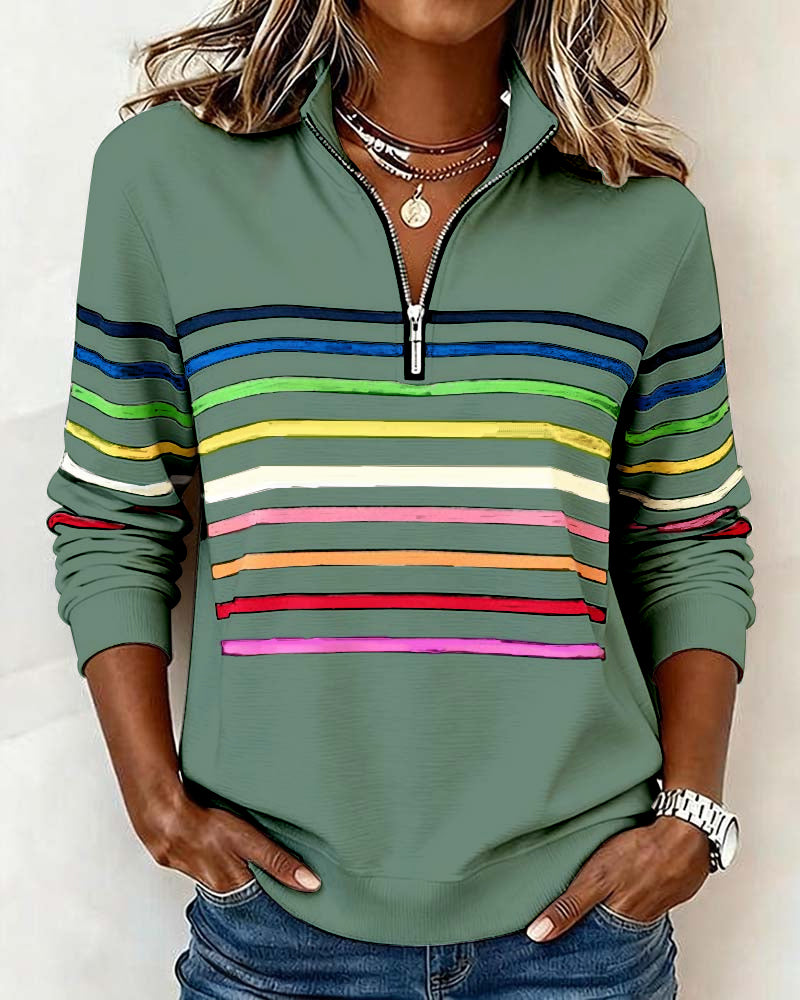 Women's green quarter-zip knit pullover with multicolor striped bands and ribbed hem