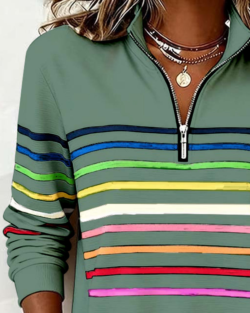 Women's knit quarter-zip pullover in green with multicolor horizontal stripe bands