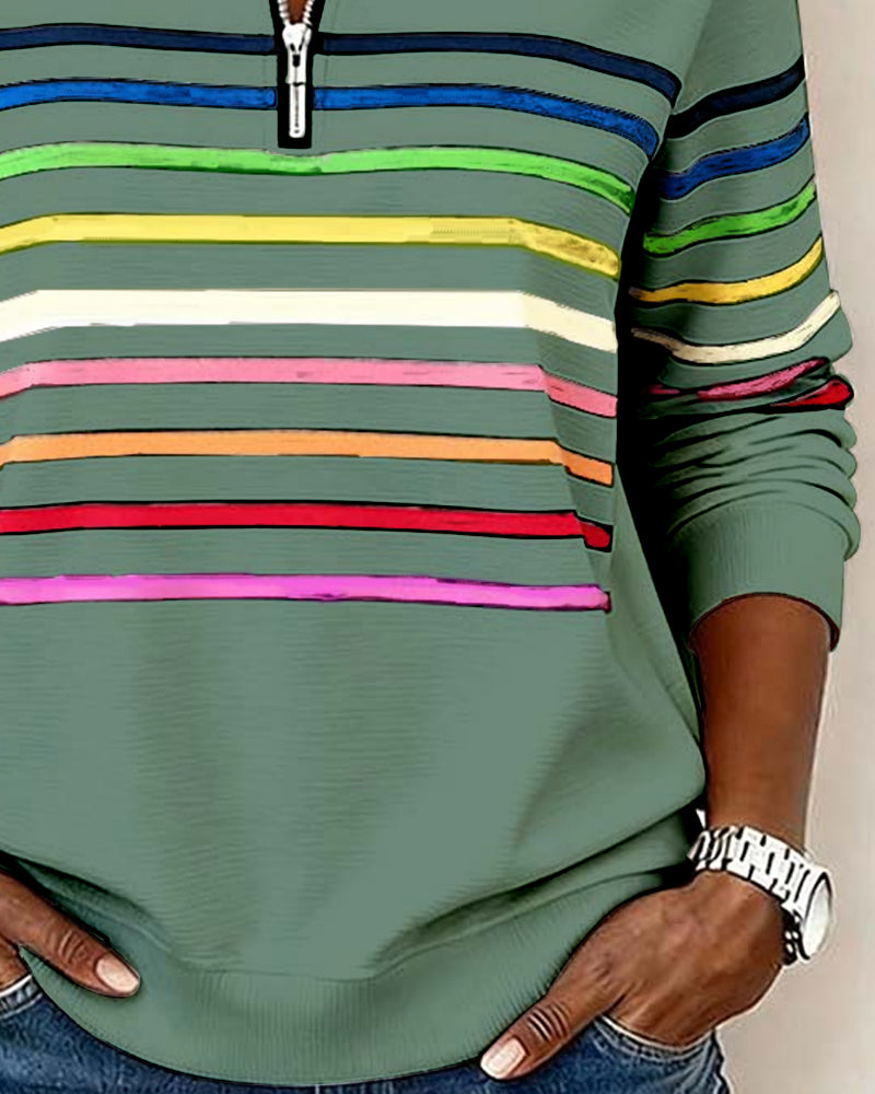 Women's green quarter-zip knit pullover with multicolor horizontal striped bands