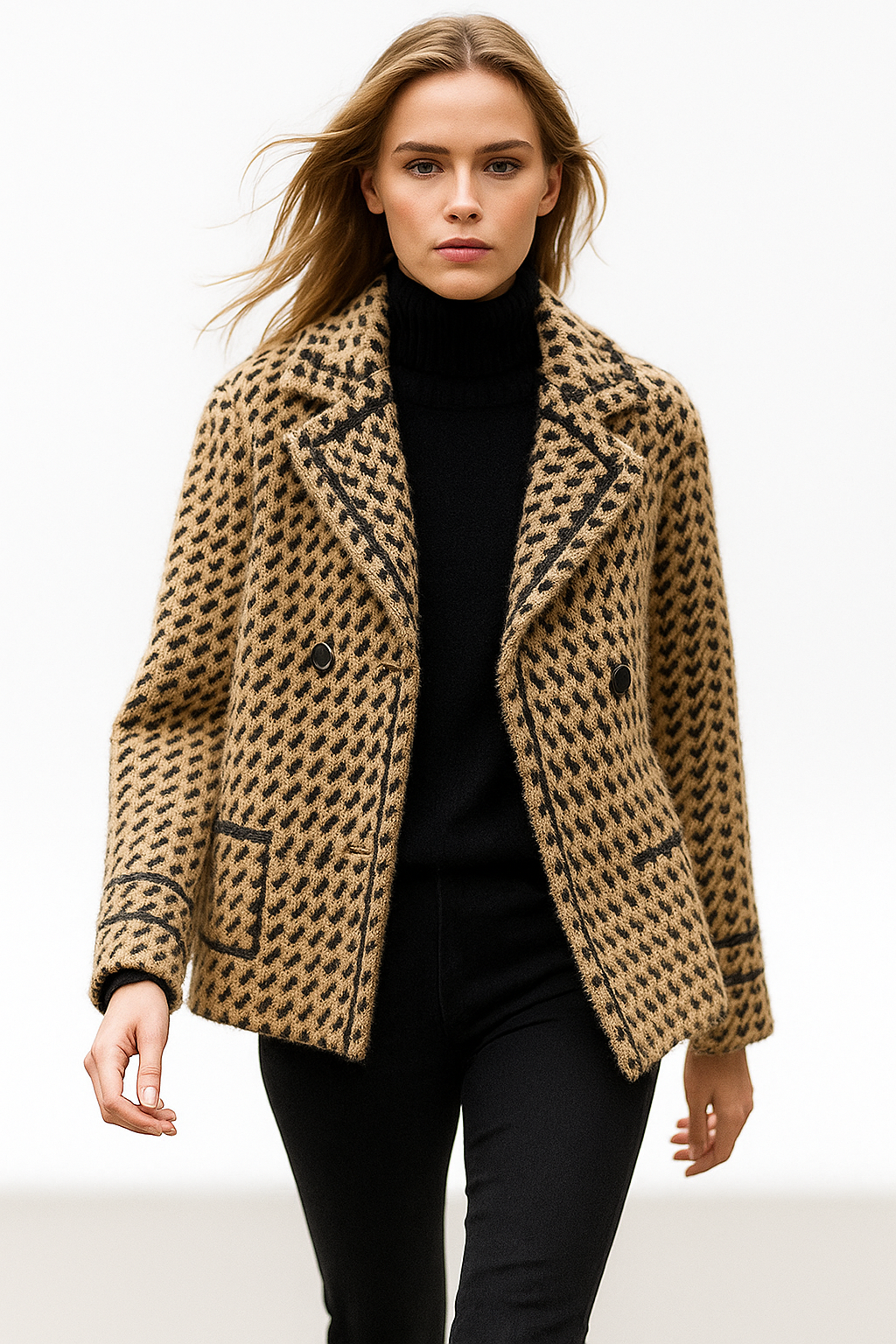 Camel and black houndstooth knit jacket with notched lapels and button closure.