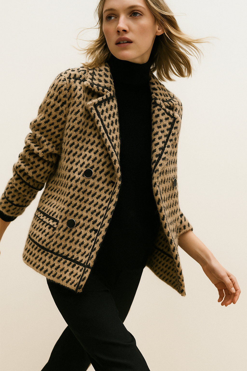 Camel and black houndstooth knit jacket with double-breasted look and patch pockets.