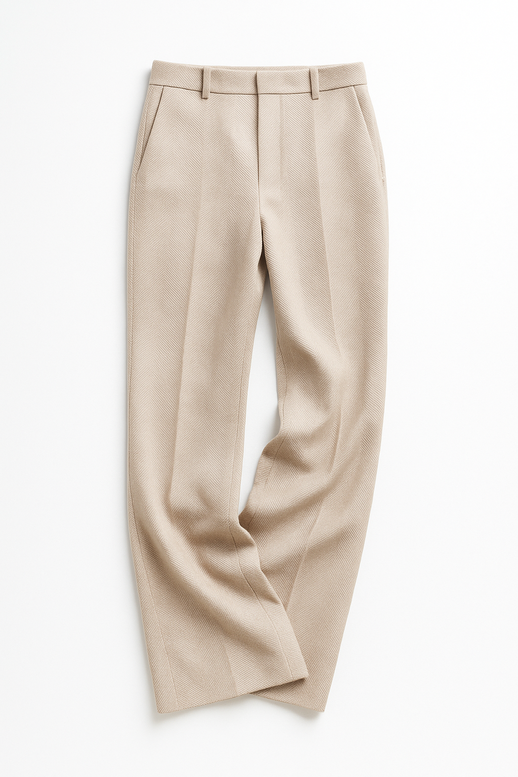 Ivory high-waisted wide-leg trousers, flat lay, with belt loops and front pleats