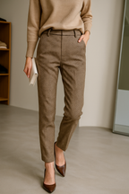 Camel high-waisted straight-leg trousers with zip fly and angled side pockets