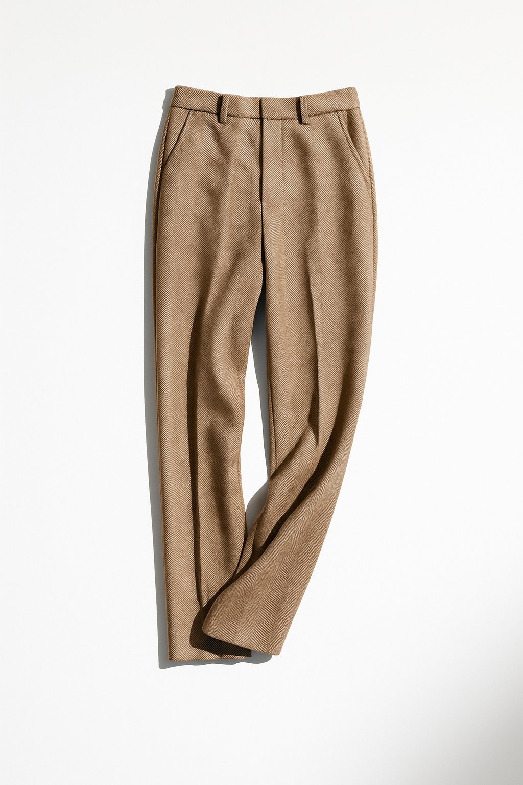 Women’s wool-blend trousers, high-waist straight leg in camel brown, flat lay view