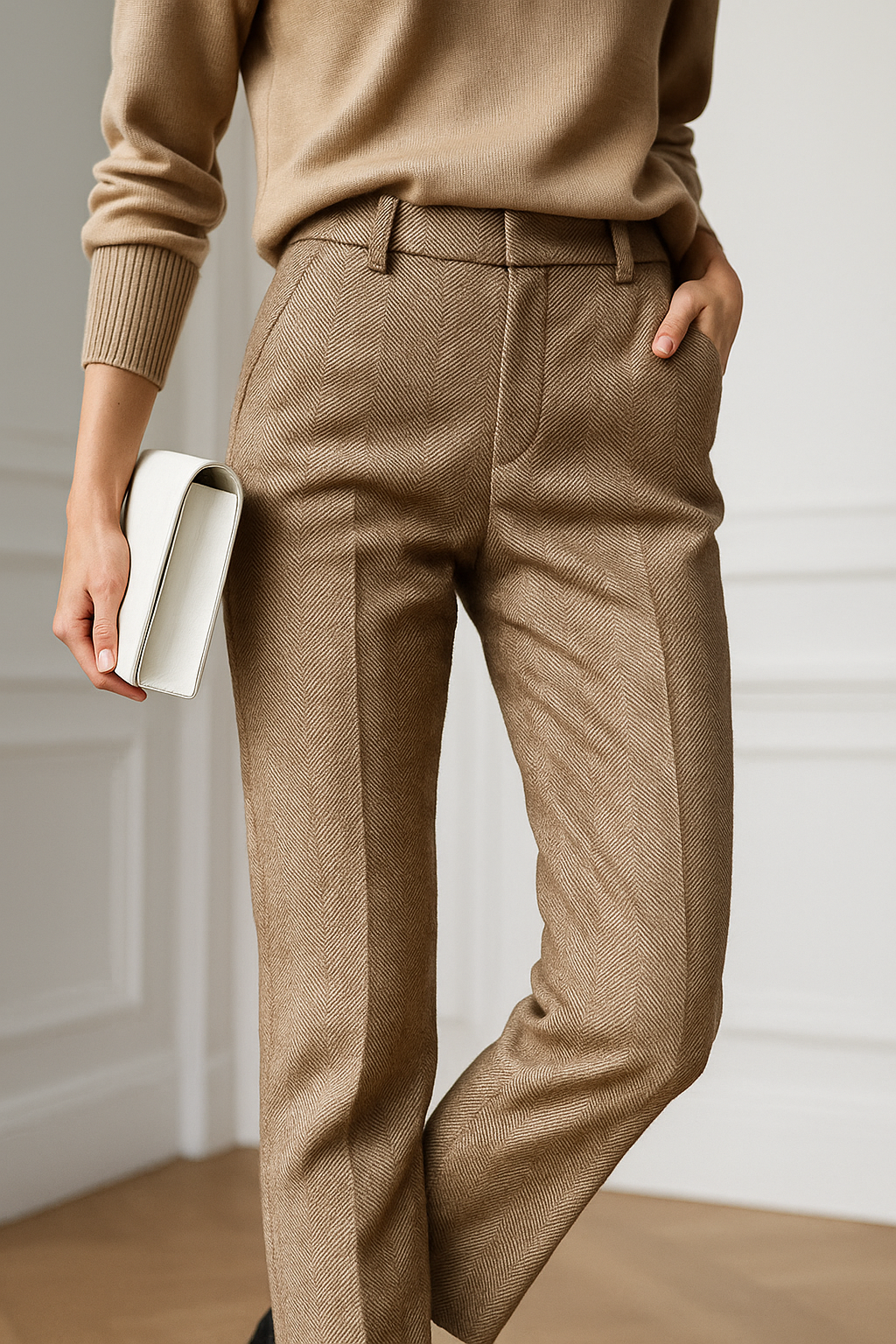 Camel high-waisted trousers with belt loops, button closure, and side pockets