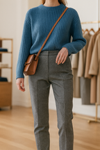 Dark gray high-waisted wide-leg trousers with belt loops and front button closure