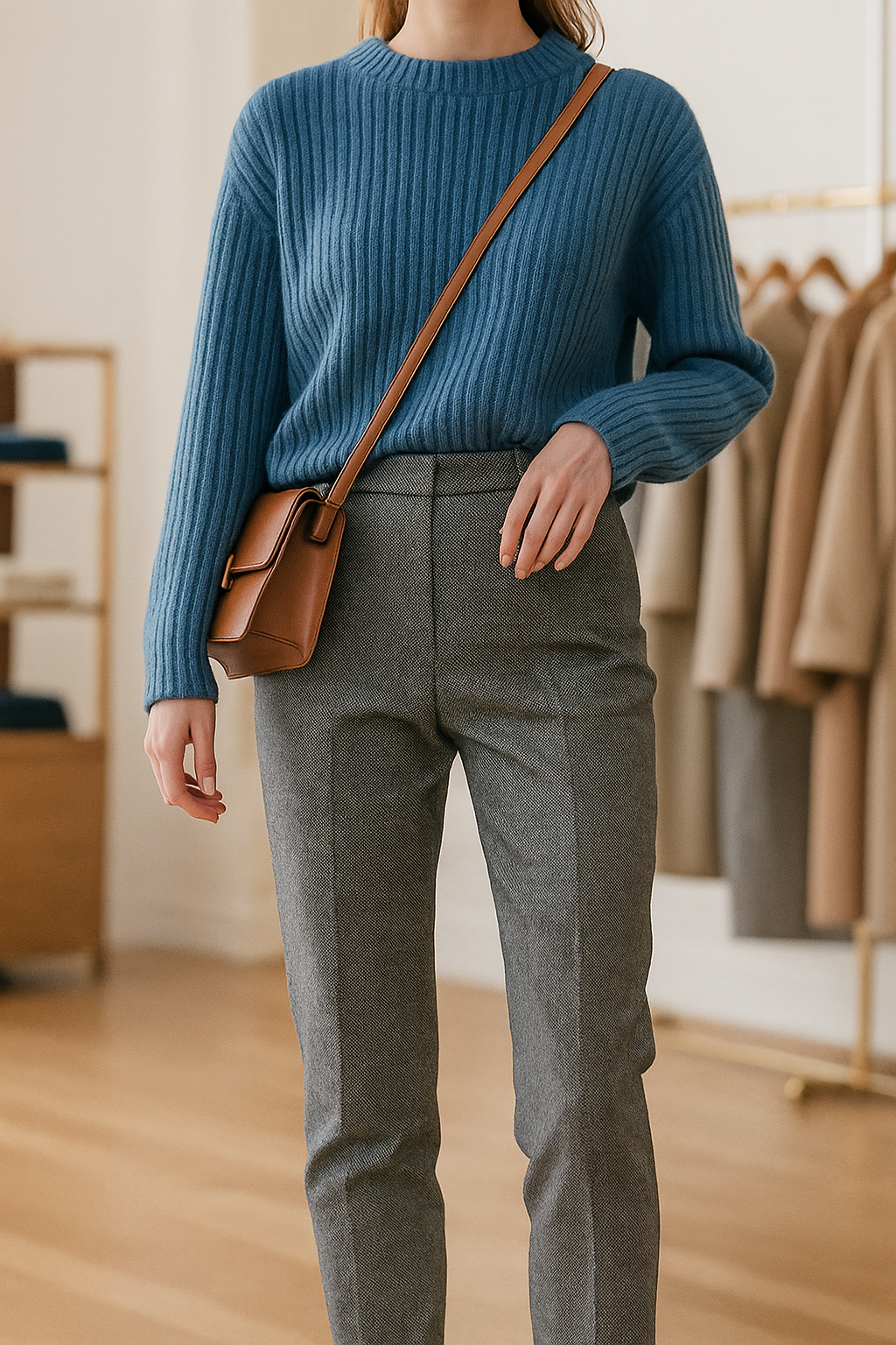 Dark gray high-waisted wide-leg trousers with belt loops and front button closure