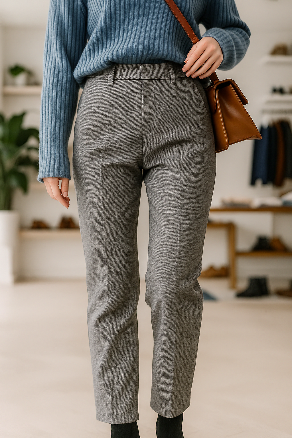 Dark gray high-waisted wide-leg trousers with belt loops and front pockets