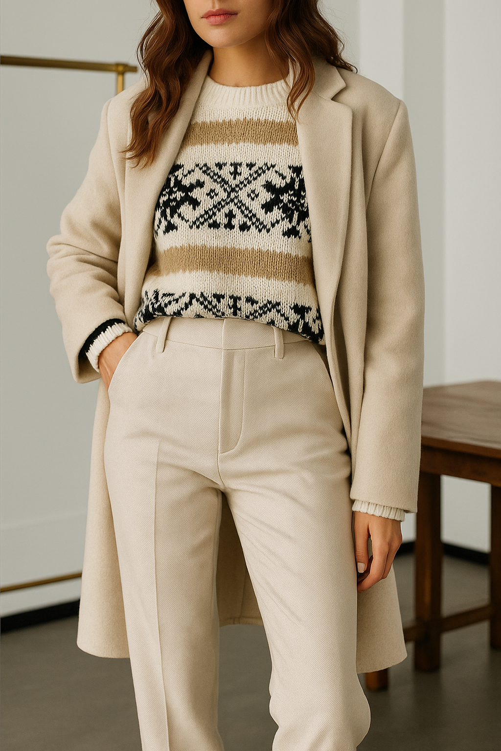 Ivory high-waisted wide-leg trousers with belt loops, button closure, and front seams