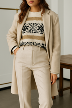 Women’s wool-blend trousers in light ivory, high-waist straight leg with front pockets